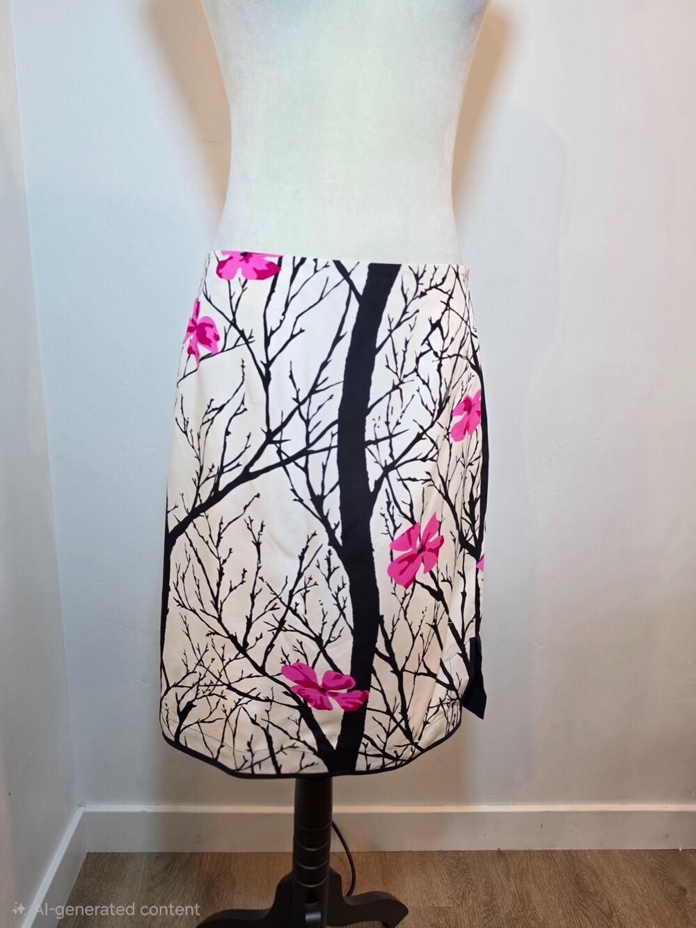 Grace Elements Y2K Skirt Womens Size 14 White Black Floral Silk A-Line Office